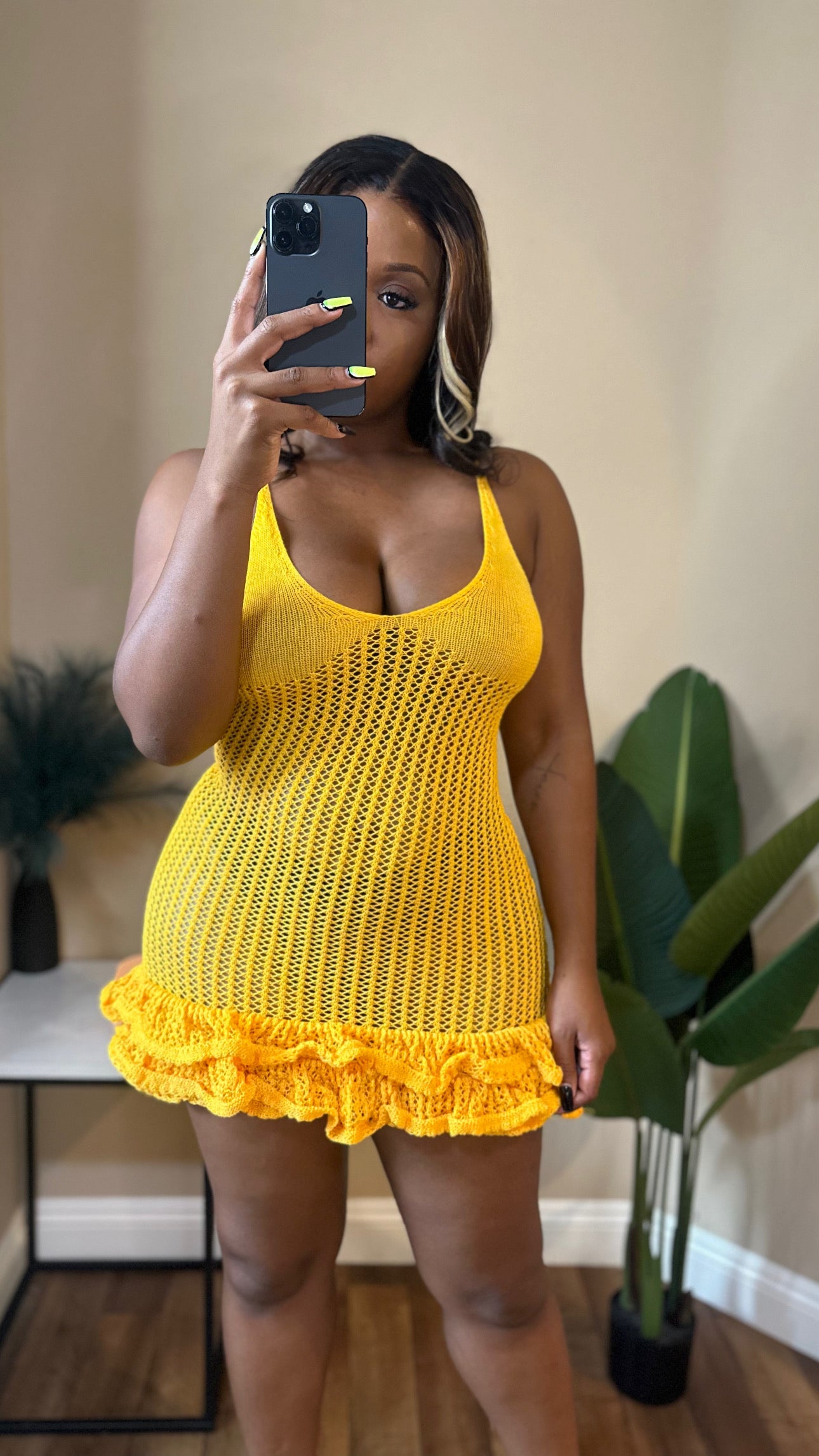 Nikki Ruffle Yellow Open Knit Dress