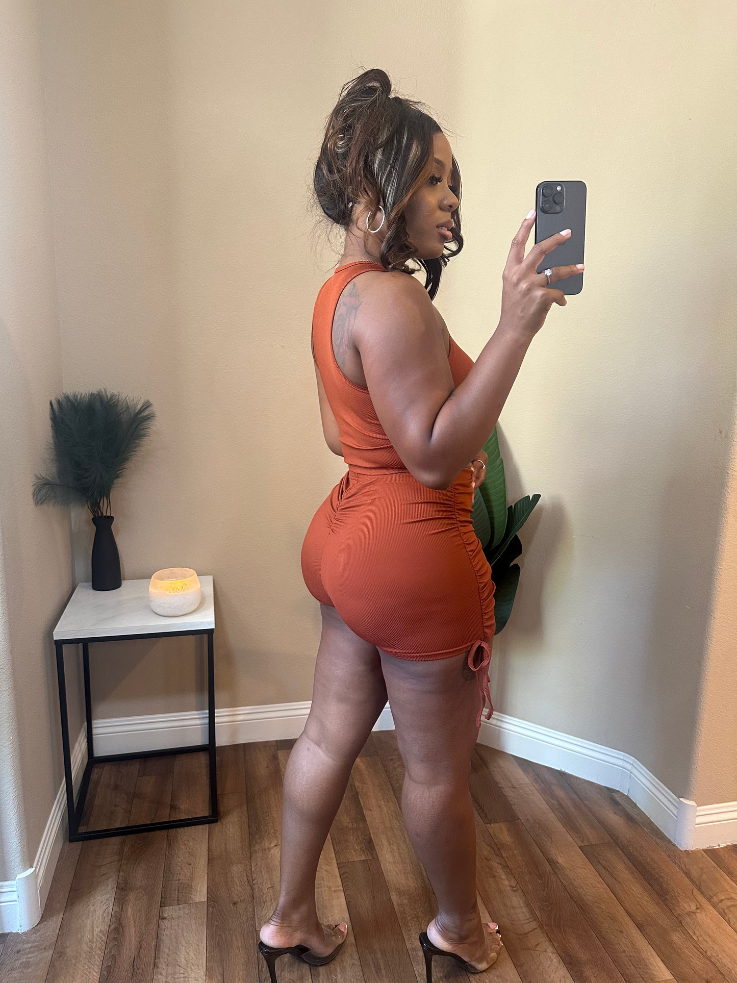 Brown Ruched Skort Set