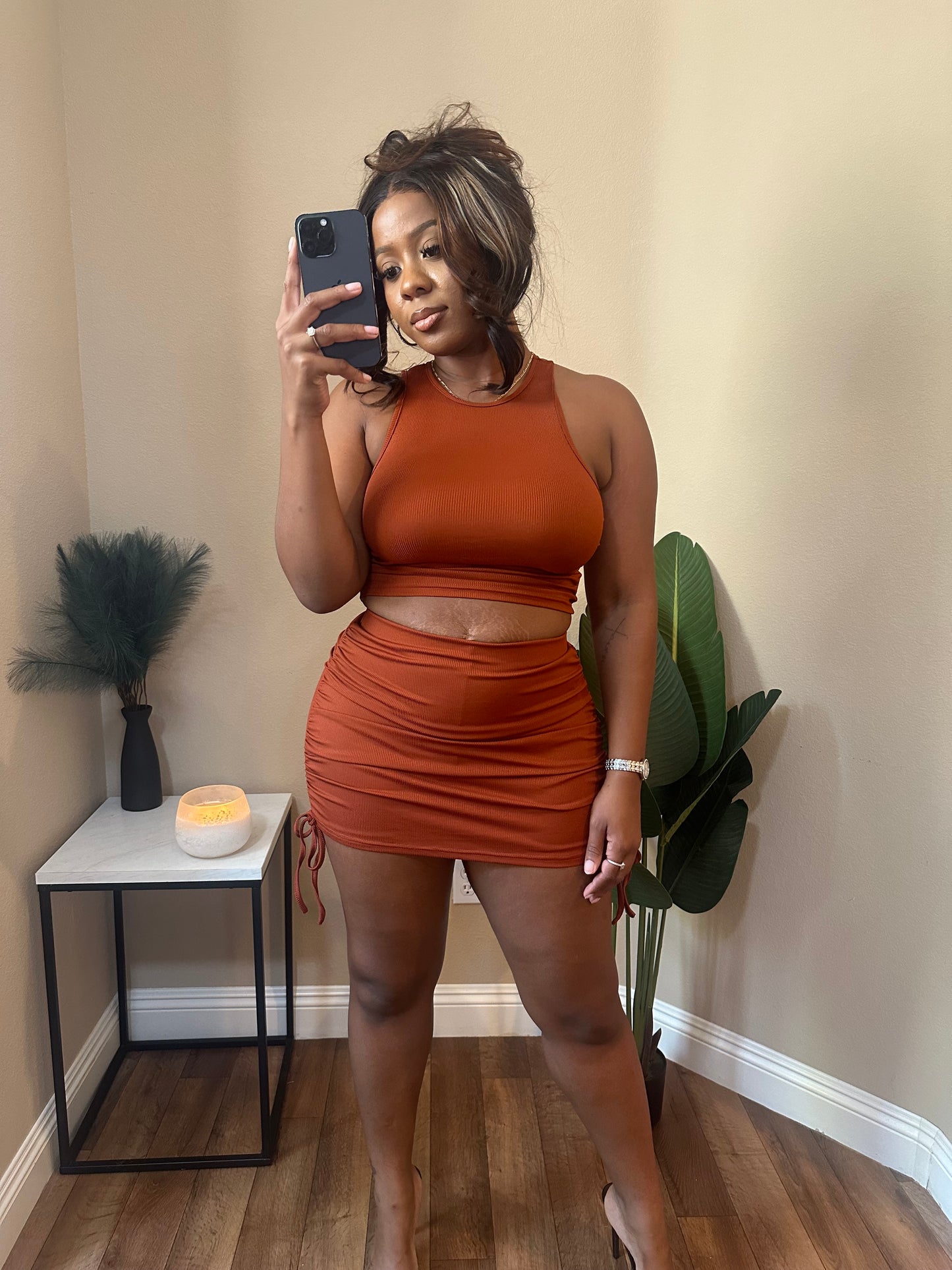 Brown Ruched Skort Set