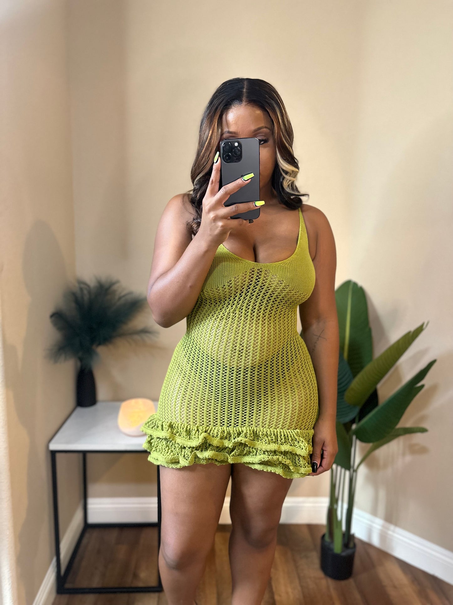 Niki Ruffle Green Open Knit Dress